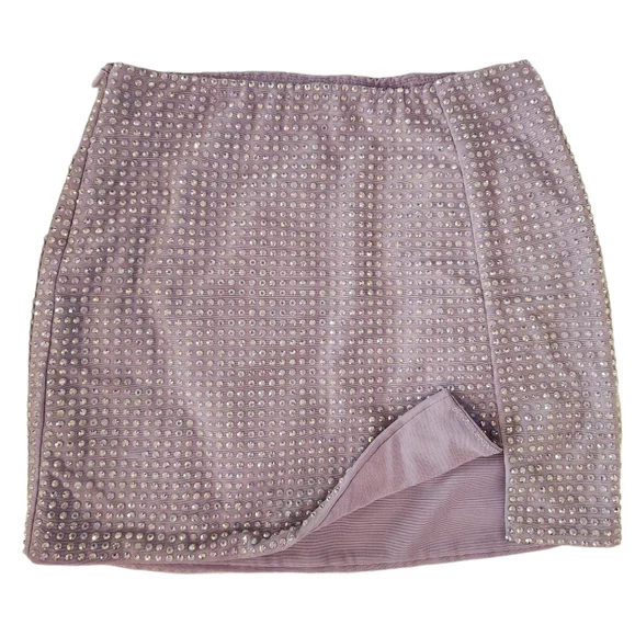 Double Layered Thick Mesh Rhinestone Embellished Thigh Slit Mini Skirt - Purple - Picture 5 of 16